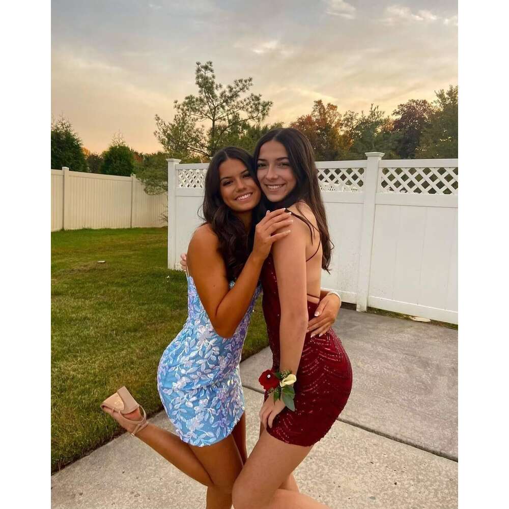 V Neck Short Prom Teens Sparkly Sequin Appliques Homecoming Backless Wrap tail Dress prom AMZ