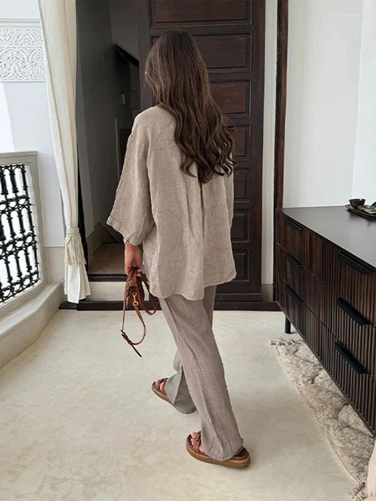 Womens Two Piece Pants Women Casual Solid Set Loose Lapel Long Sleeve Single-breasted Shirt Suit Lady High Waist Straight Leg Street Outfit