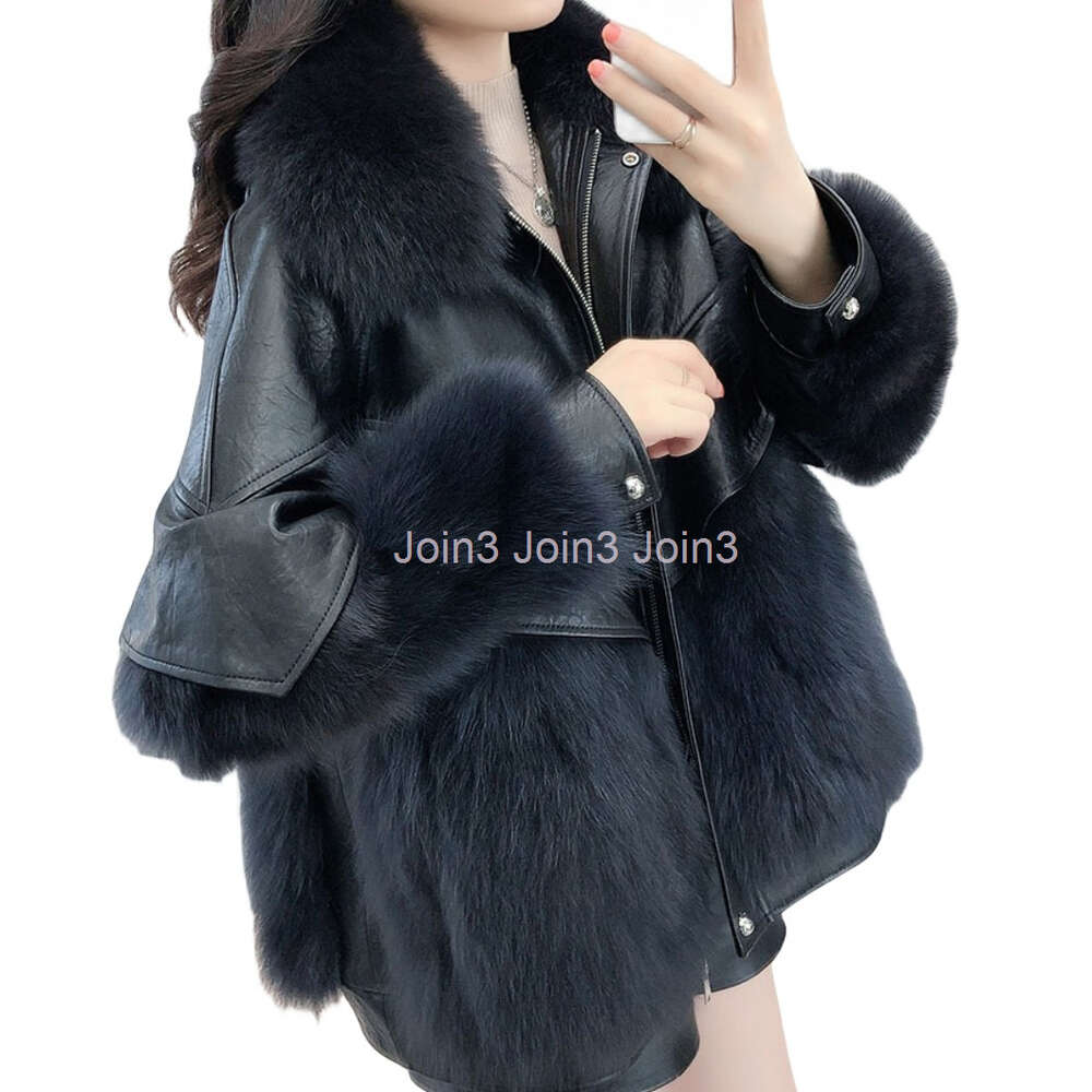 Womens faux fox fur collar PU leather thickening warm loose jacket coat SMLXLXXL