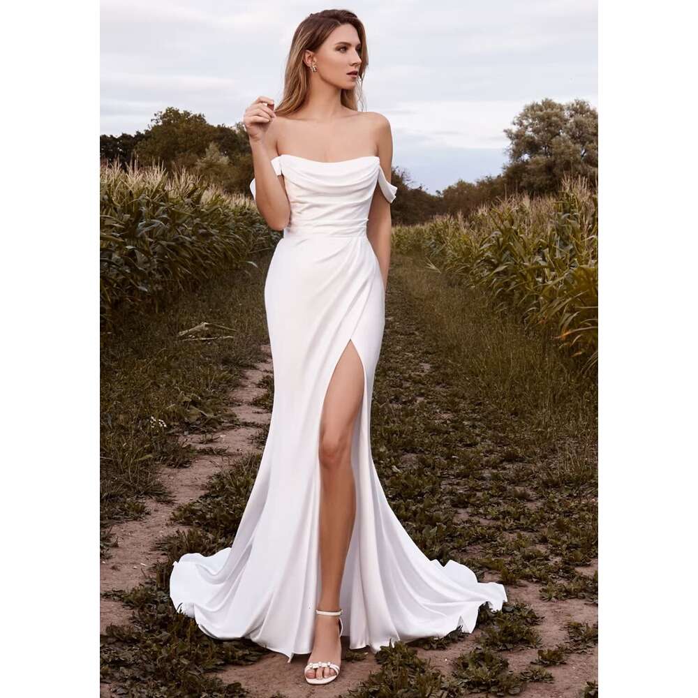 MARSEN Off The Shoulder Mermaid prom Dresses for Bride with Split Ruched Beach Boho Bridal Gowns Ivory Size 20 prom AMZ