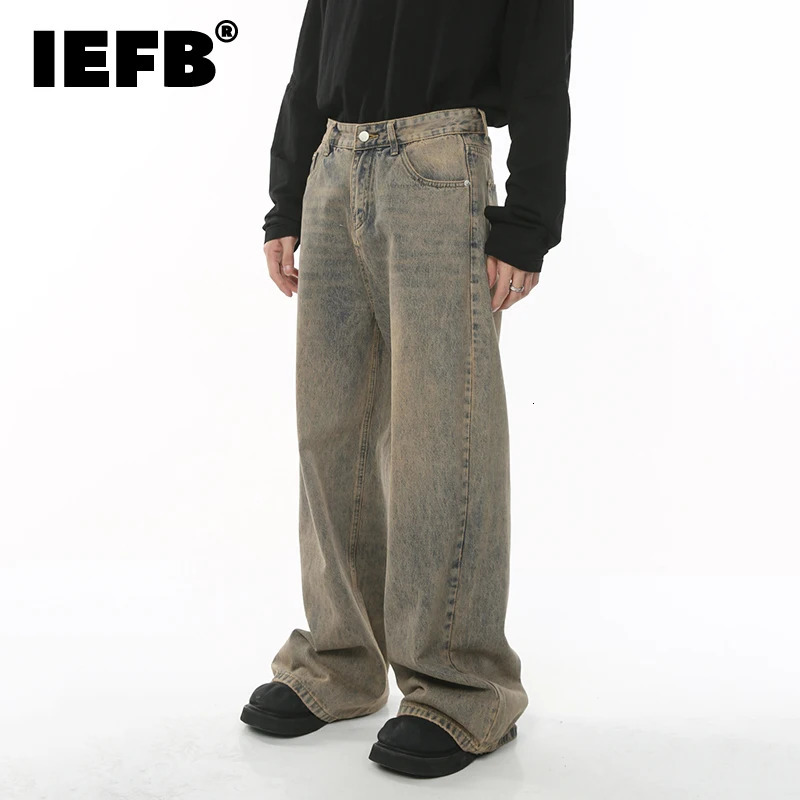 IEFB Mens Baggy Jeans Harbor Style Worn Out Loose Wide Leg Denim Pants Chic Distressed Streetwear Vintage Male Trousers 9C 240513