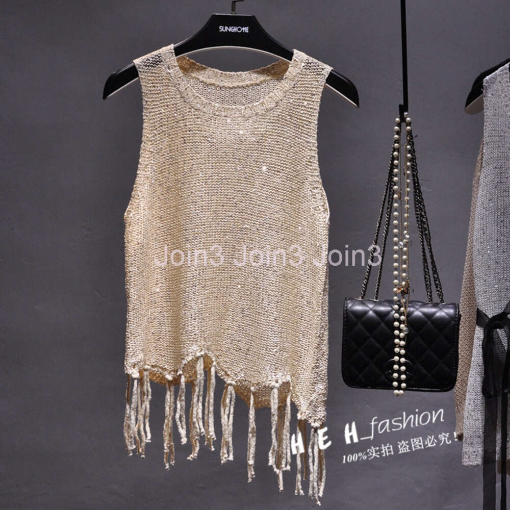 New design womens o-neck sleeveless paillette shinny lurex patchwork knitted asymmetric tassel fringe vest tank tops camisole