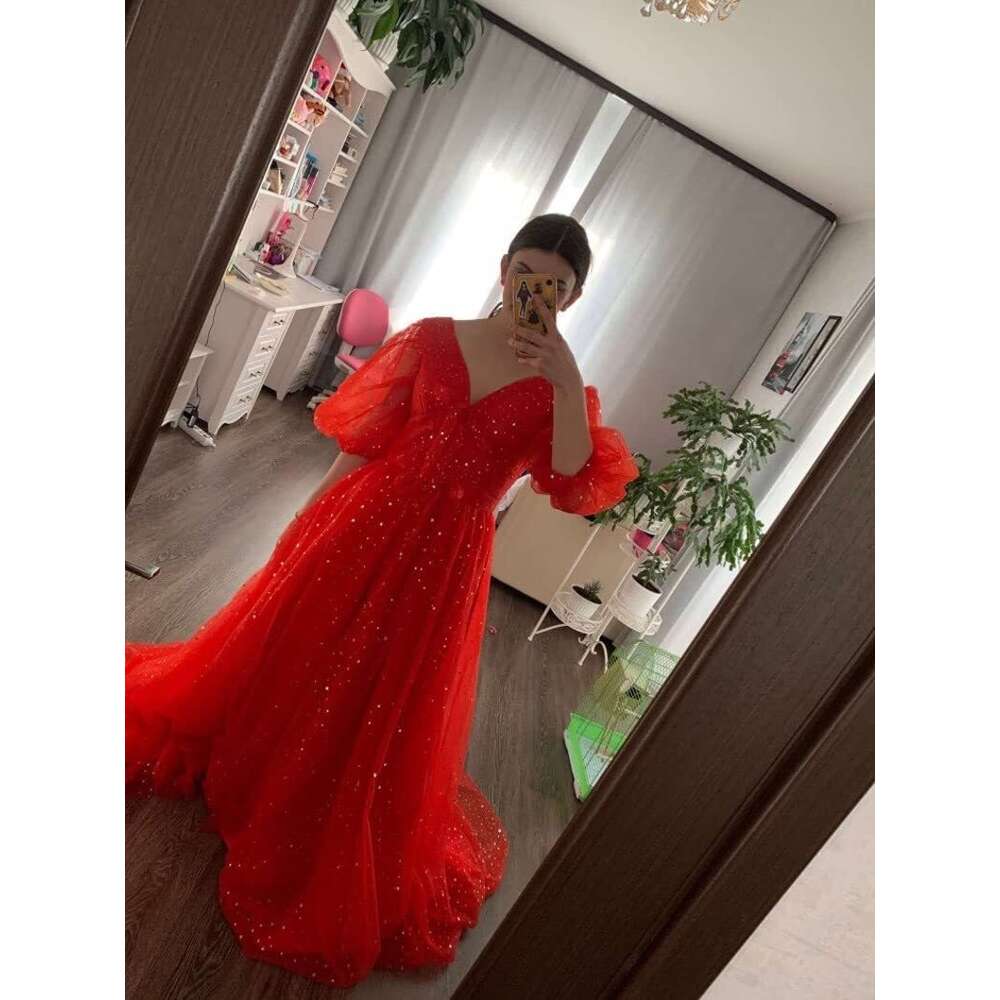 Starry Tulle Puffy Sleeve Prom Dress A Line Split Formal Long Sparkle V Neck Ball Gown Evening Party Gowns prom AMZ