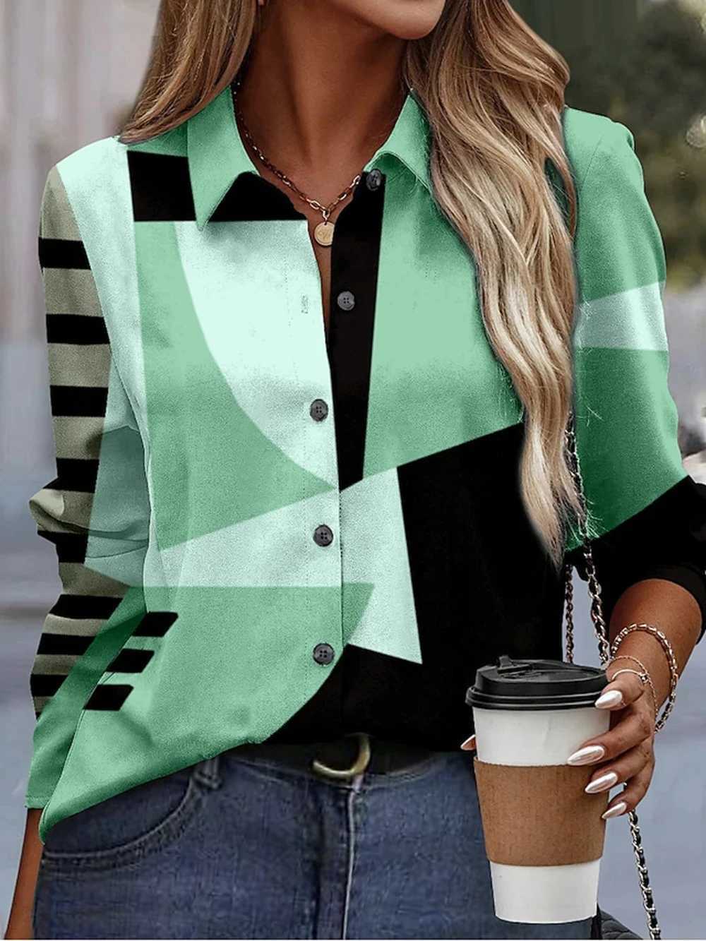 Women's Blouses Shirts 2024 New Womens Shirts Blousesgeometric Stripe Printing Elegant Women Blouse Long-Slved Female Clothing Tops Camisa Y24051