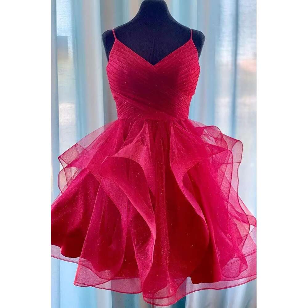 Glitter V Neck Tulle Homecoming Layered Ruffles Short Prom Spaghetti Straps Mini tail Dresses for Teens prom AMZ