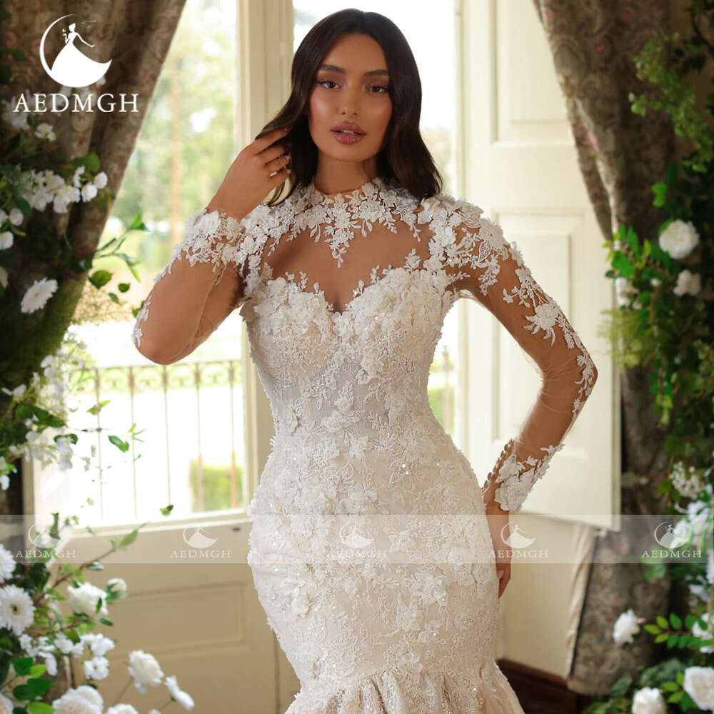 Aedmgh Mermaid Wedding Dresses 2024 High Neck Long Sleeve Elegant Vestido Novia Appliques Court Train Sheath Robe De Mariee