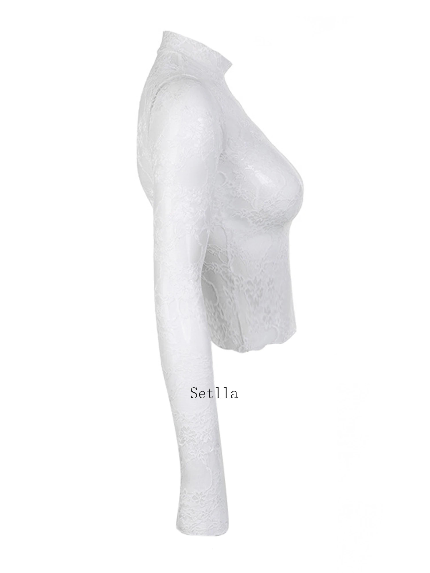 Womens lace floral ultra-thin T-shirt white long sleeved plain collar crop top wearing shirt top fairy pleated street clothing 240508