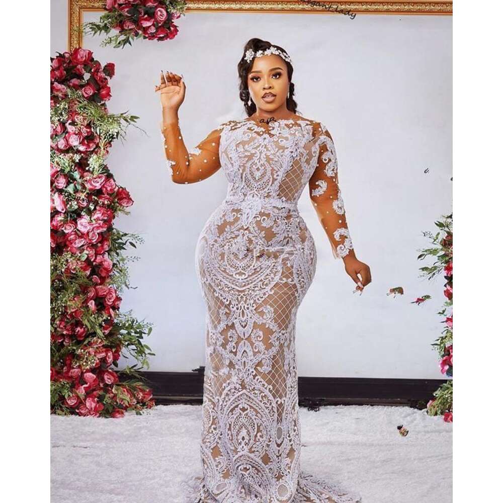 Size Plus Arabic Mermaid Wedding Dresses With Detachable Train Long Sleeves Lace Up Corset Beaded African Bridal Gowns Sweep