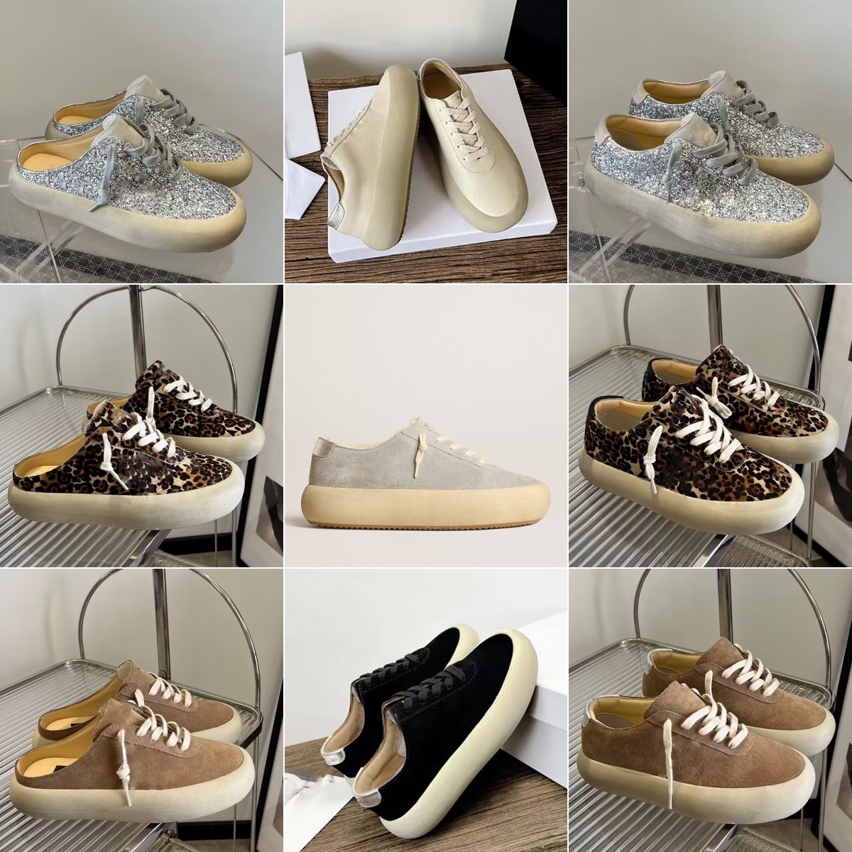 Designer Femmes Chaussures décontractées Space-Star Sabot Sneakers Sequin Classic Brown Black Golden Suede Do Old Dirty Leather Glitter Slip-On M