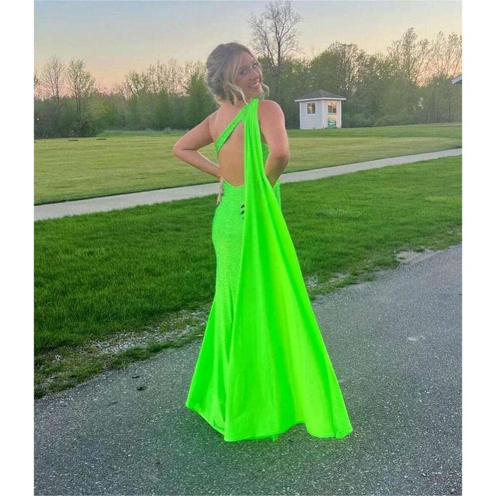 One Shoulder Sequin Prom Dresses with Cape Mermaid Evening Gowns Slit Backless Formal Dress prom AMZ