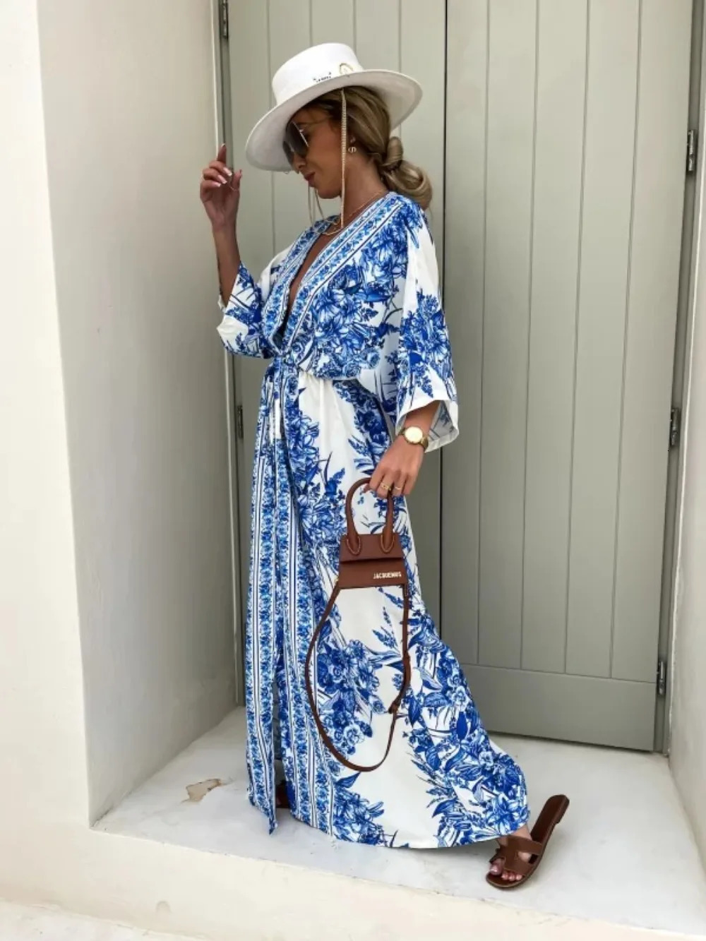 Summer Fashion Printed Lace Up Dress Women CausalBeach Style Vneck Flare Sleeves High Waist Printed Dress Women 240515
