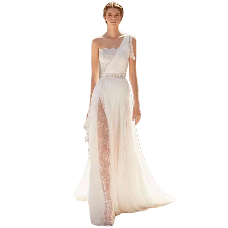 One Shoulder Boho Lace A Line Wedding Dresses Side Split Sexy Long Ivory Bridal Gowns 2024 Summer Beach Bride Dress Sleeveless