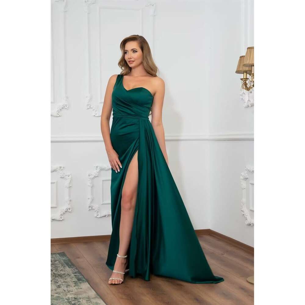 One Shoulder Mermaid Prom with Slit Satin Bridesmaid Dresses Long Ruched Formal Evening Gowns prom AMZ