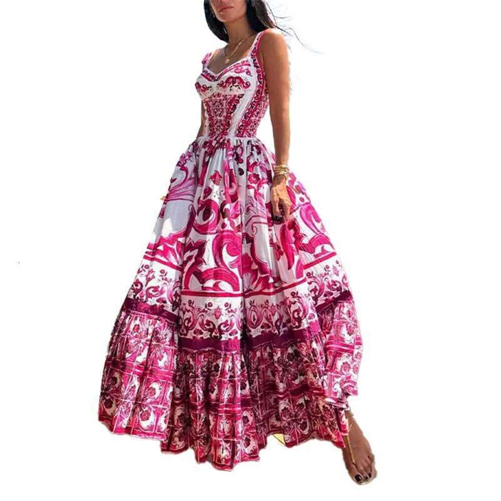 Designer Summer New Womens Bohemian Style Elegant Luxury Mid length Printed Strap Casual Dress