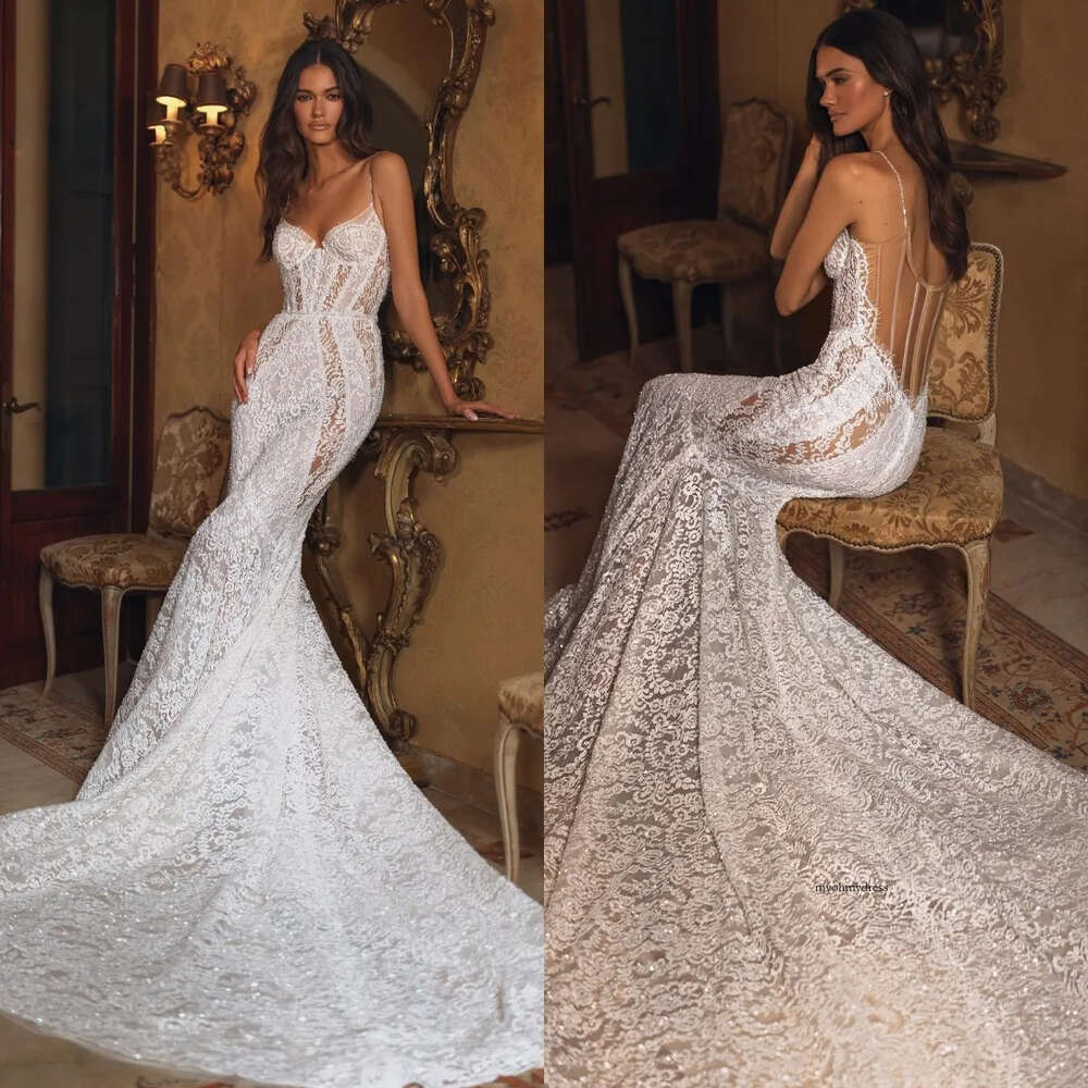 Berta Mermaid Chart Wedding Dress For Bride Spaghetti Sequins Fulllace Wedding Dresses Bridal Gowns Sweep Train Illusion Backless Lacefull Robe De Mar