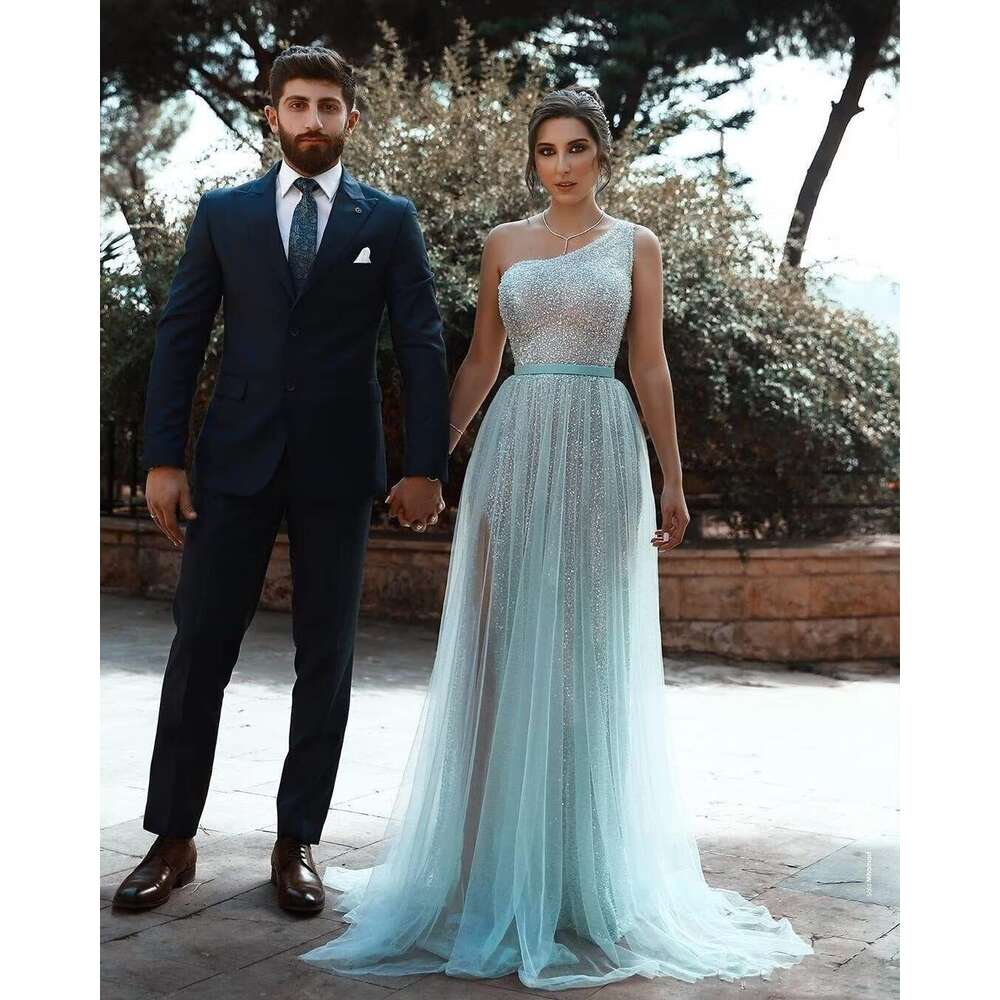 One Shoulder Prom Dress Sequin Formal Dresses for Women Sparkly Evening Gowns Tulle Ball Gown prom AMZ