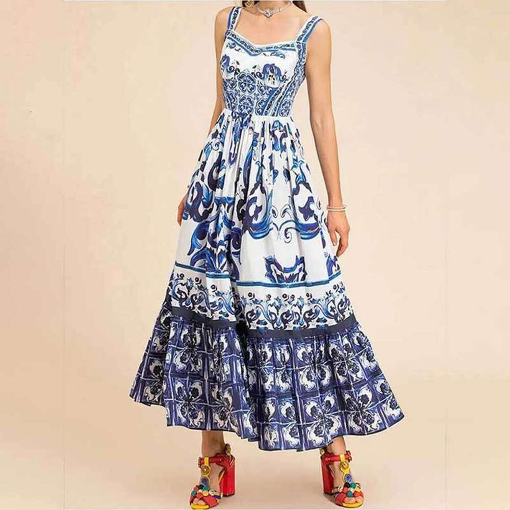 Designer Summer New Womens Bohemian Style Elegant Luxury Mid length Printed Strap Casual Dress