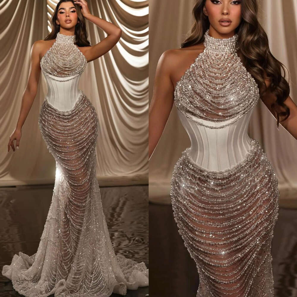 Mermaid Wedding Dress For Halter Pearls Beading Illusion Wedding Dresses Bridal Gowns Satin Bodice Saudi Arabic African Bride Dress 0515