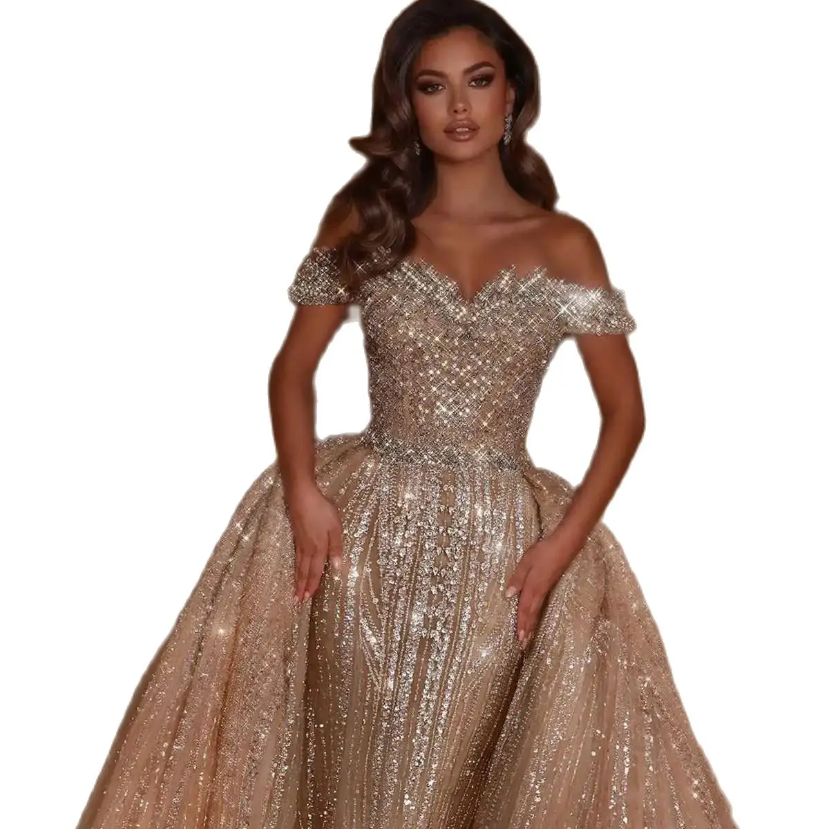 Wedding Dress For Women Off Shoulder Sleeveless Bridal Gown Sequins Crystal Detachable Train Dresses Custom Made