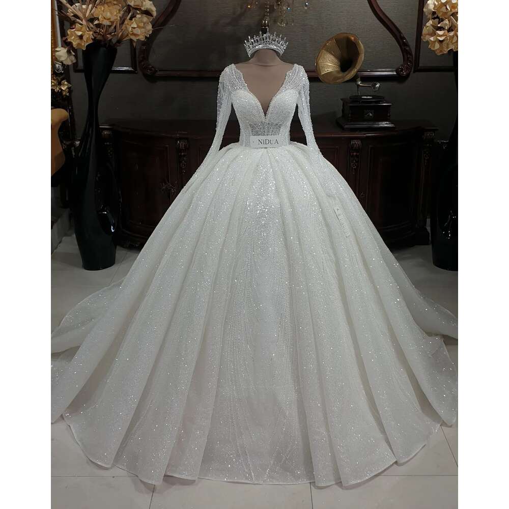 Exquisite Beading Wedding Dresses For Women Sequined Pearls V Neck Crystal Bridal Gowns Formal Ocn Vestidos De Novia