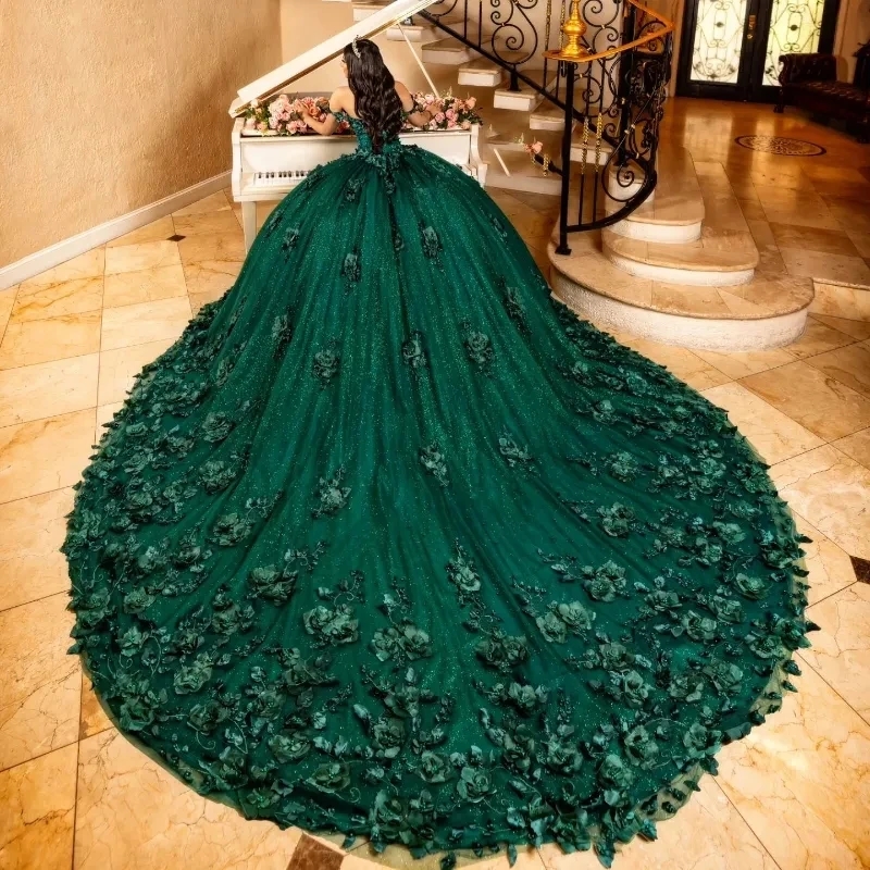Green Emerald Glitter Quinceanera Dresses D Wer Vestidos De Birthday Formal Dress Ball Pearls Junior Party Gown Girls D e ress