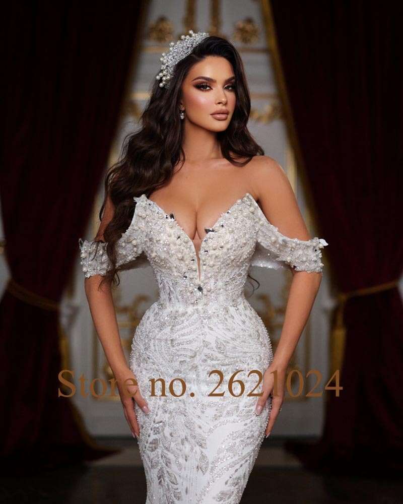 Sweetheart Neck Short Sleeve Shiny Beading Pearls Crystal Sequins 2 Pieces Mermaid Wedding Dress With Detachable Train