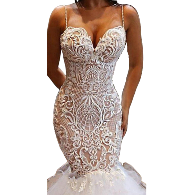 Sexy Spaghetti Lace Mermaid Wedding Dresses Sweetheart Neck Sleeveless Long Bridal Gowns Nude Lining Ivory African Bride Reception Dress Party Event 2