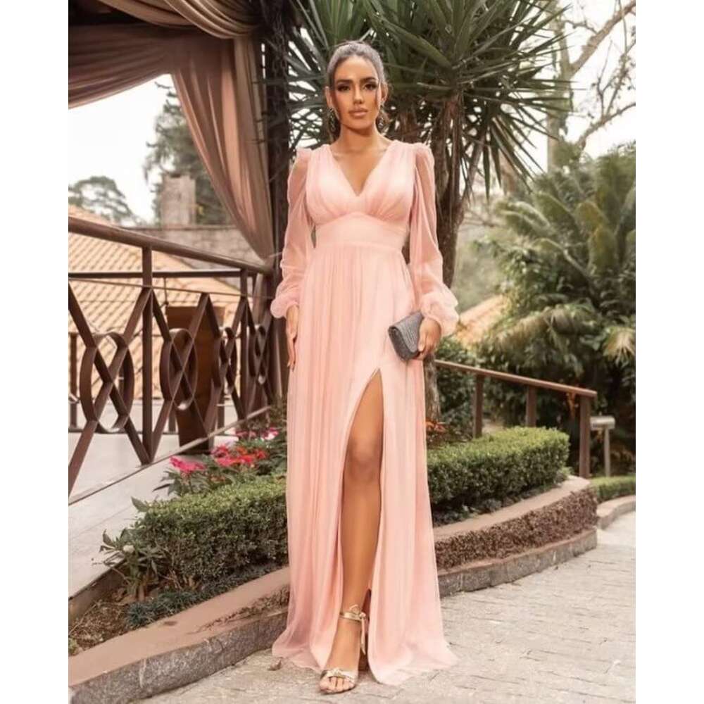 MARSEN Long Sleeve Bridesmaid Dresses for prom V Neck Formal with Slit Chiffon Prom Dress prom AMZ