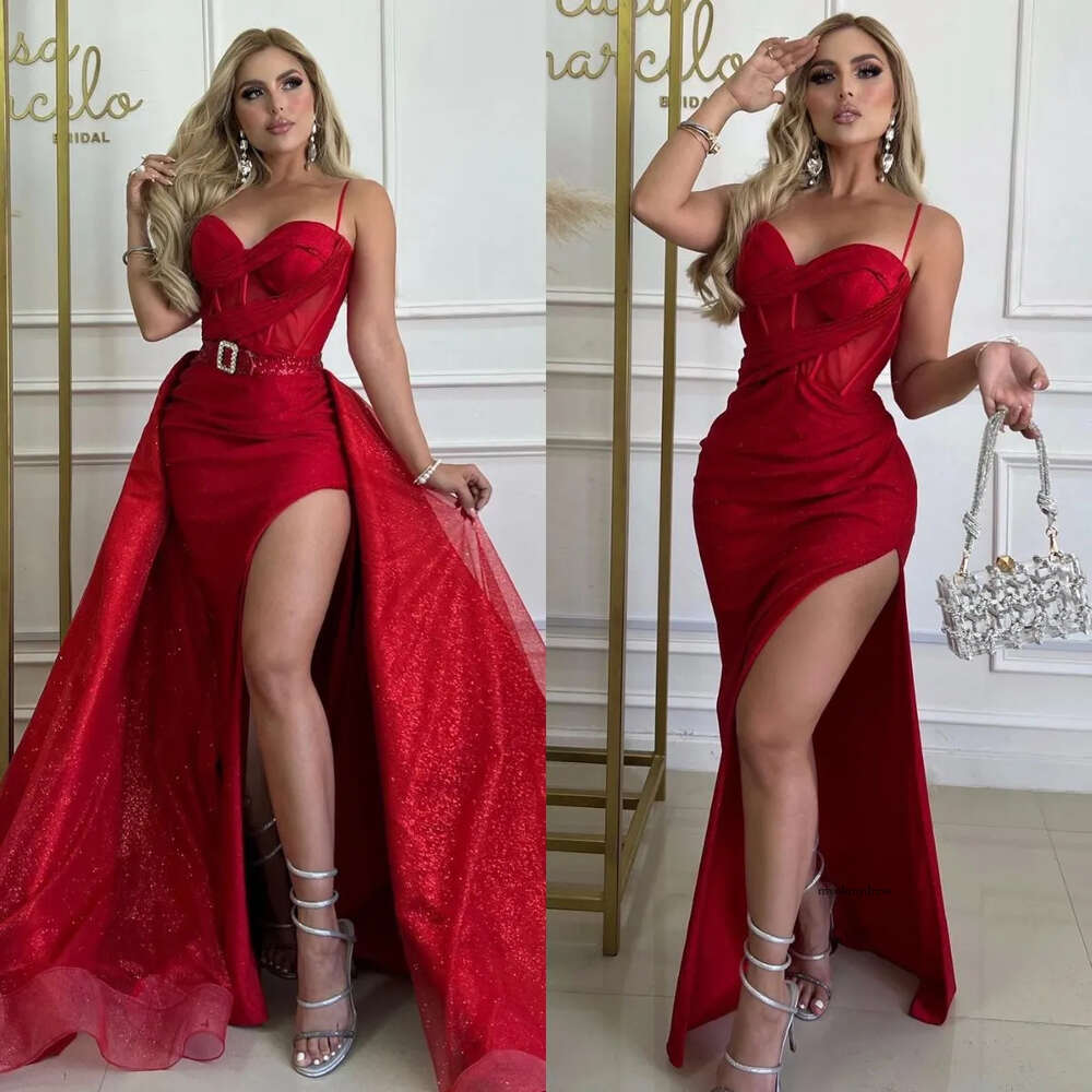 Red Mermaid Evening Dresses With Detachable Overskirts Sweetheart Glitter Party Prom Split Sweep Train Long Dress For Special Ocn 0515