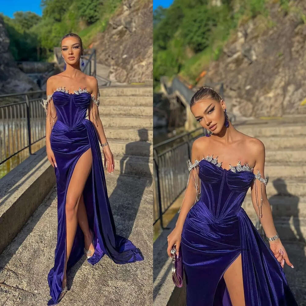 Beaded Off Shoulder Purple Prom Dresses Thigh Slit Party Evening Dress Pleats Long Special Ocn Dress 0515