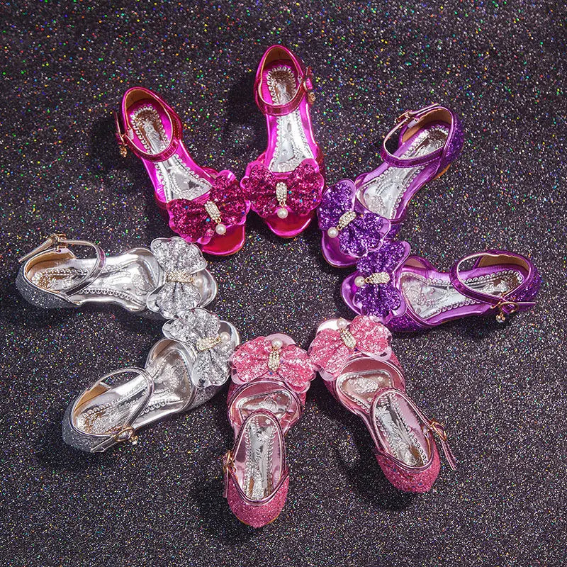 Girls Sandals Summer Childrens Princess Shoes Little Girls High-heeled Bow-knot Crystal Sandals Party Dress Wedding 240515