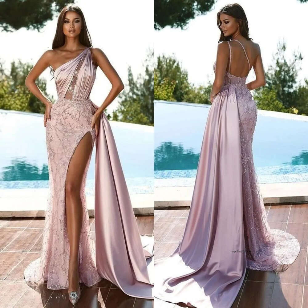 Pink Mermaid Prom Dresses Straps Evening Dress Sequins Beads Thigh Split Pleats Formal Long Special Ocn Party Dress 0515