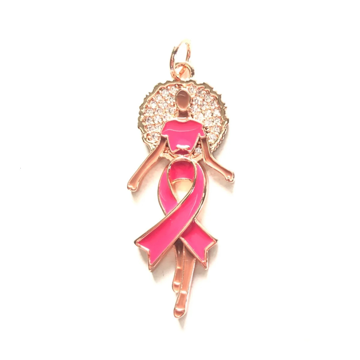 5pcs Enamal Pink Ribbon Afro Black Girl Charms Zirconia Pave Breast Cancer Awareness Pendants for Women Bracelet Necklace Making 240514