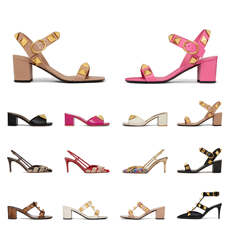 Valentino Designer High Heels Sandals Womens Ladies Slingback Heel Nude Black White Pink Silver Rivet Studded[code ：L]Pumps Sandale Loafers Shoes