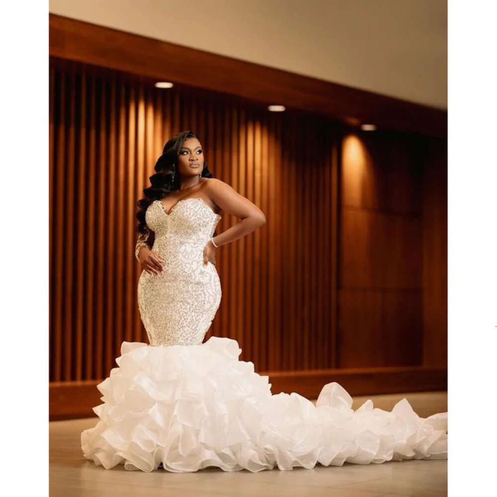 Sexy African Mermaid Wedding Dresses Formal Bridal Dress Jewel Neck Illusion Crystal Beaded Plus Size Ruffles Tiered Cathedral Train Long Sleeves 0227
