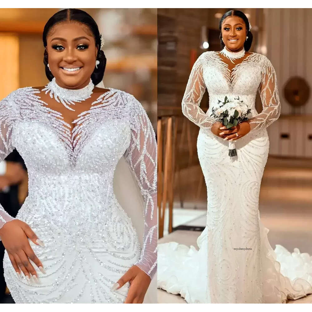 Plus Size Arabic Aso Ebi Sheer Neck Mermaid Wedding Dress Long Sleeves Sexy Bridal Gowns Dresses Custom Made 0515