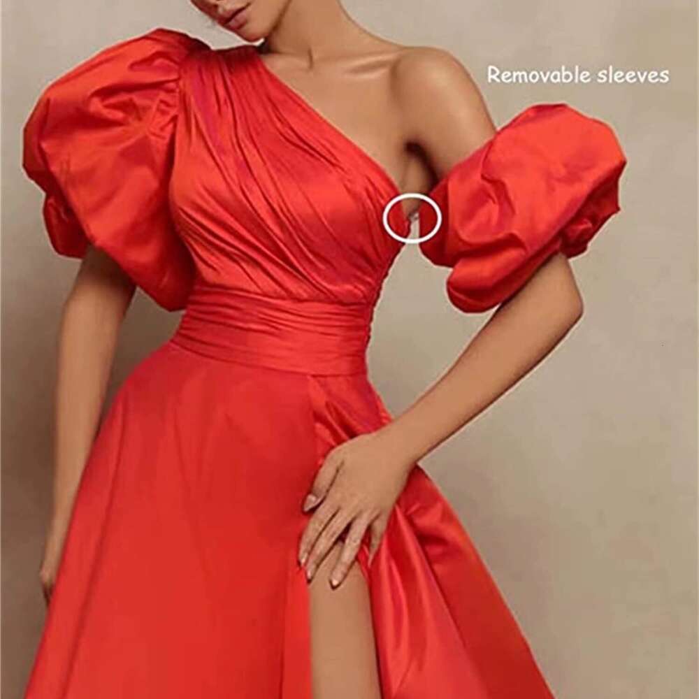 Women's Short Puffy Sleeves Prom Dresses Side Split Ruched Formal Evening Gowns prom AMZ