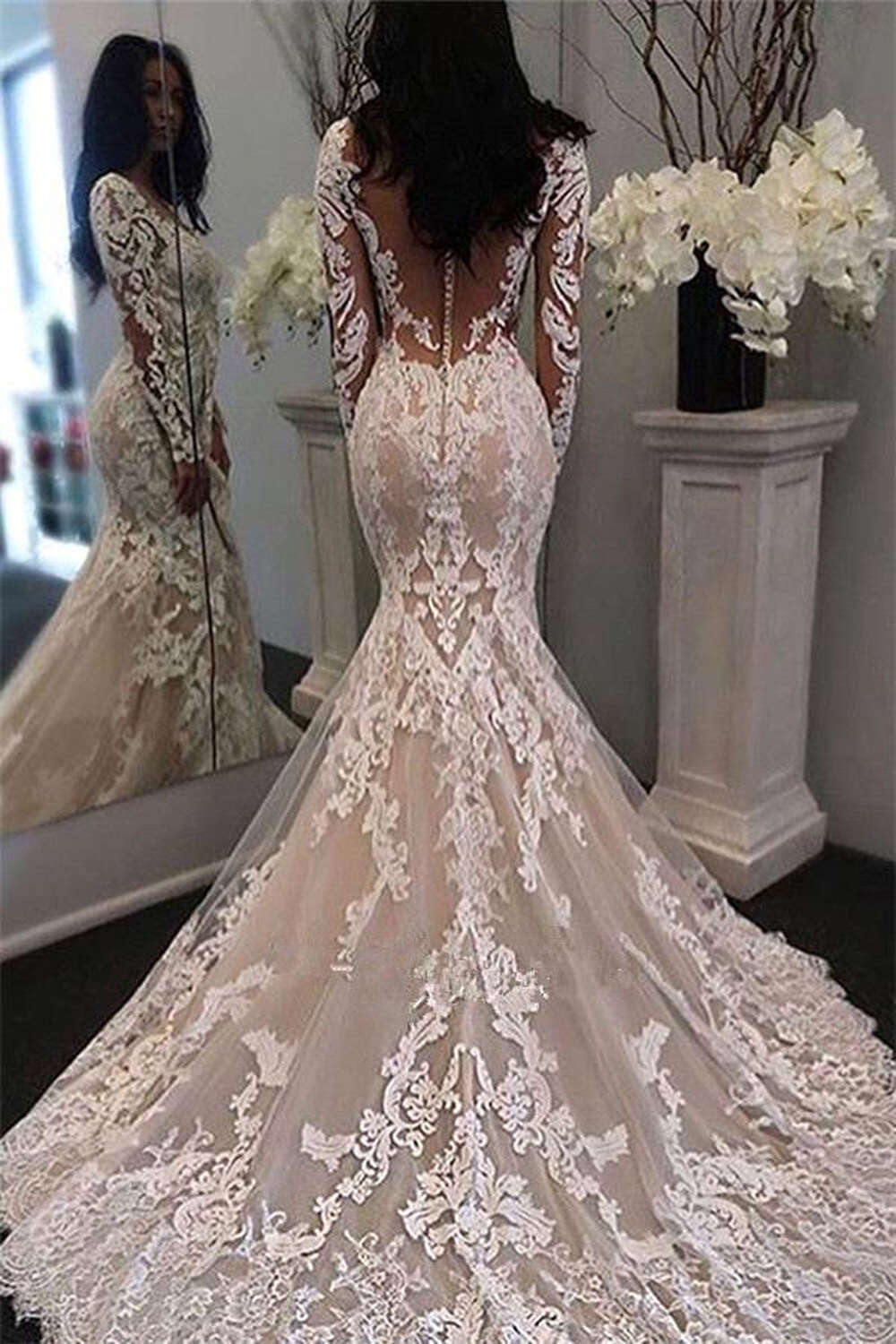 Backless Exquisite Lace Wedding Dresses For Women Mermaid Full Sleeve Embroidery Appliques Illusion Bridal Gown Vestido De Novia