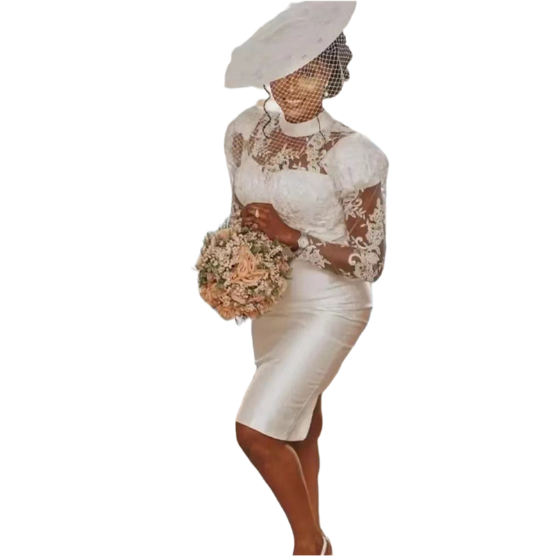 Sheath Knee Length Wedding Dresses High Neck Lace Appliques Long Sleeves Elegant Bridal Gowns Back Slit Ivory Satin Short Reception Dress For Women 20