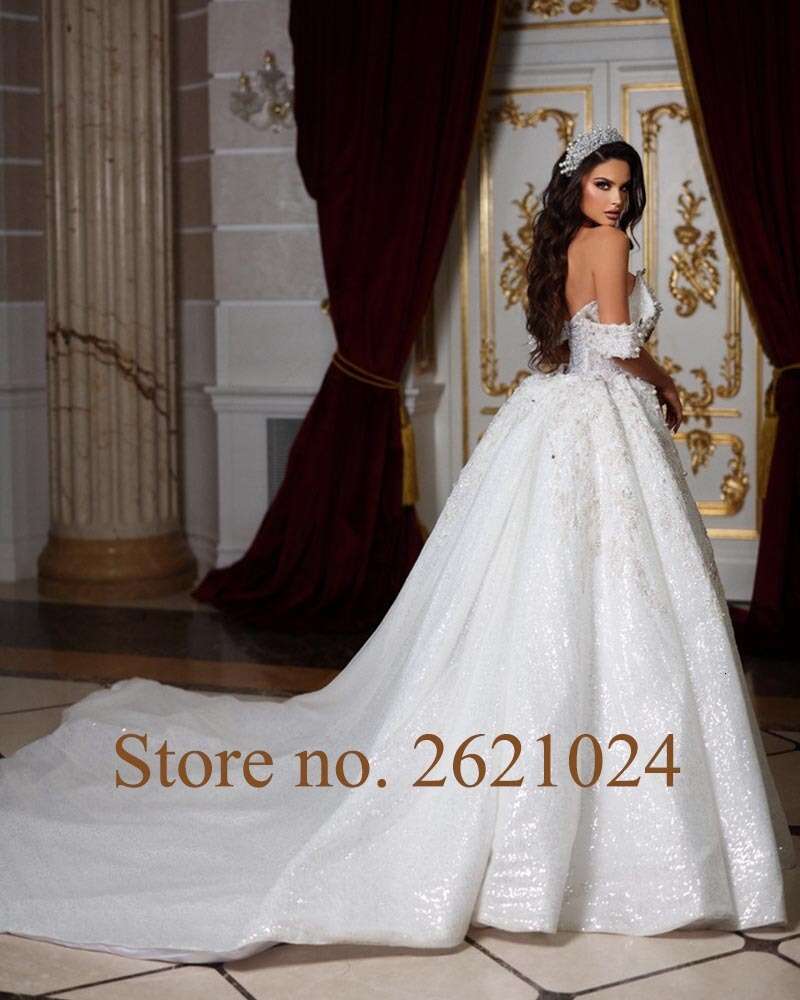 Sweetheart Neck Short Sleeve Shiny Beading Pearls Crystal Sequins 2 Pieces Mermaid Wedding Dress With Detachable Train