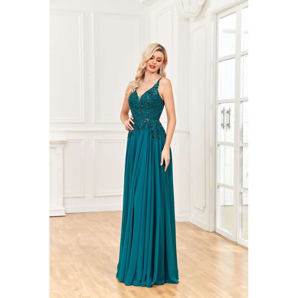 Lace Appliques Chiffon Prom Long A Line Formal Dresses for Women Split V Neck Evening Party Ball Gown prom AMZ