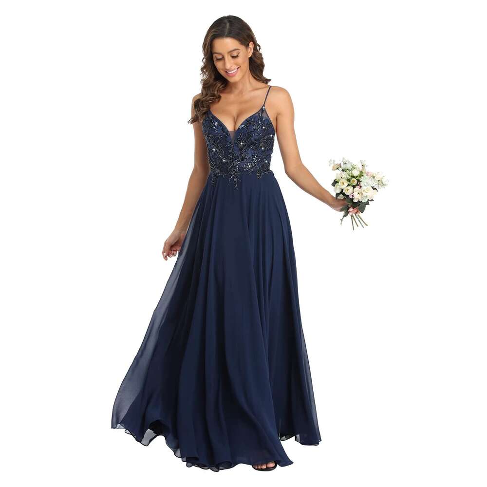 V Neck Chiffon Bridesmaid Lace Appliques Formal Dresses for prom Guests Beaded Split Evening Party Gown prom AMZ