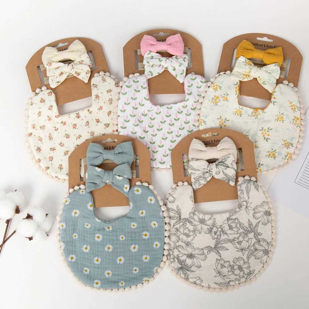 Bibs Burp Cloths 3Pcs/Set Baby Flower Bibs Headbands Bow Nylon Hairbands Double Side Saliva Towel Feeding Burp Cloth Scarf Boys Girls HeadwearL4812