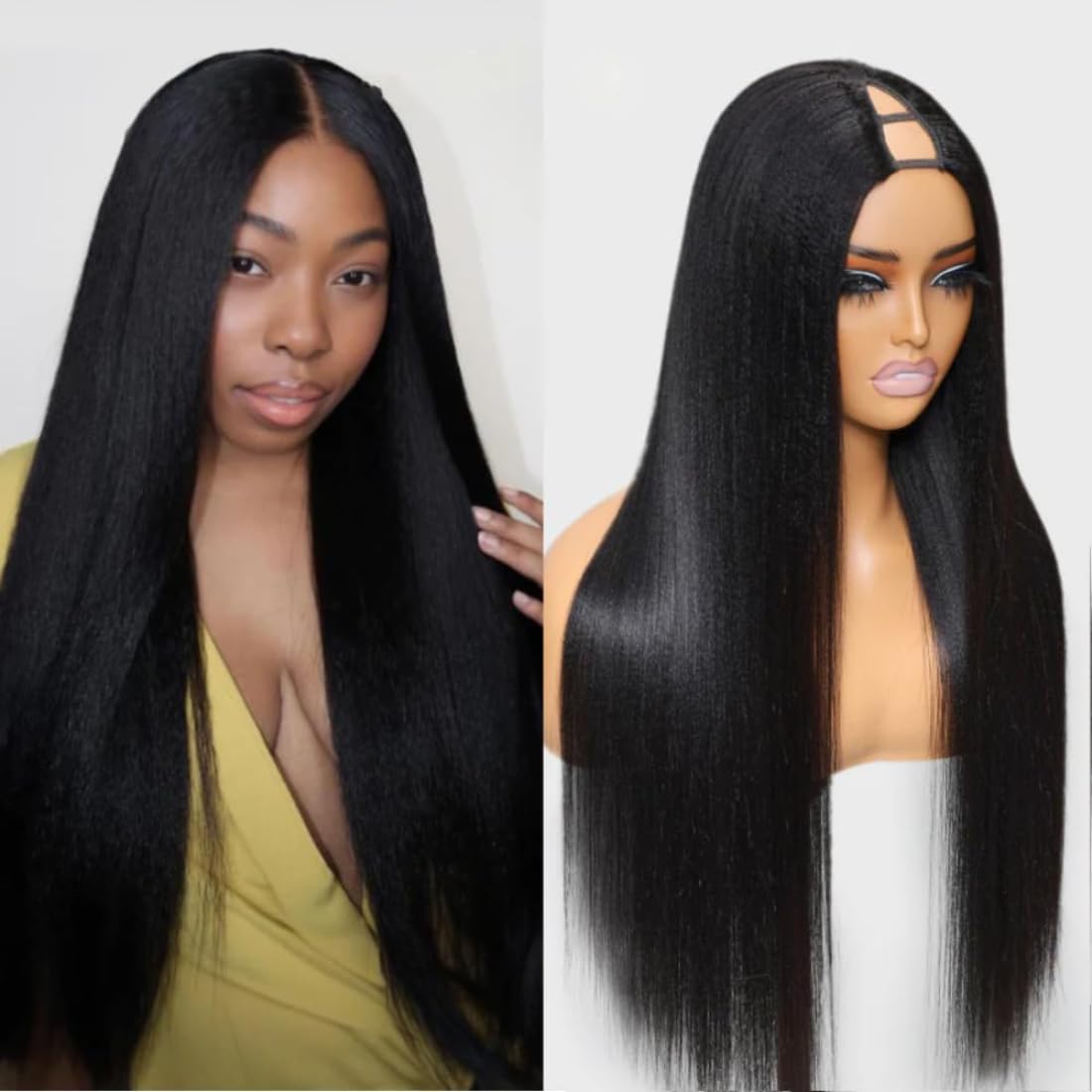 V Part Wig Yaki Straight Human Hair No Leave Out Glueless Upgraded for Women,10A Yaki Straight V-part Wigs V Shape Clip in Half Wig Ready to Go 150% D