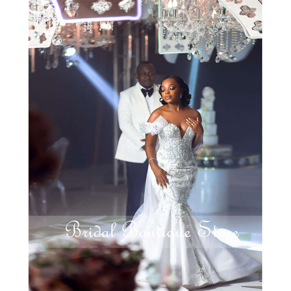Brilliant African Mermaid Wedding Dress Off Shoulder Pearls Beading Elegant Bridal Gowns Vestido Novia Robe De Mariee Custom 0228Lz