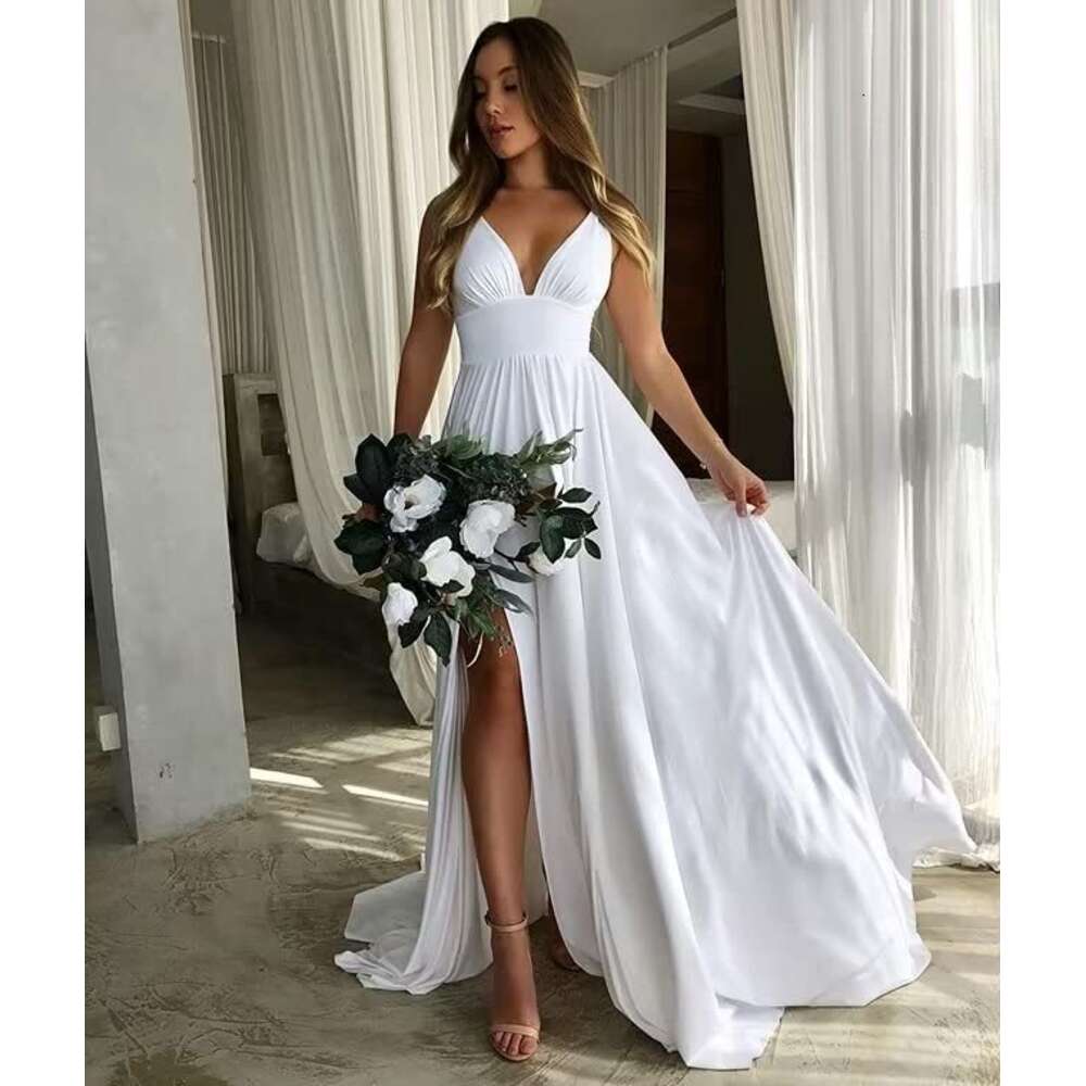 V Neck Satin Bridesmaid prom Split Prom Long A Line Formal Dresses for Women Bury Size 16 prom AMZ