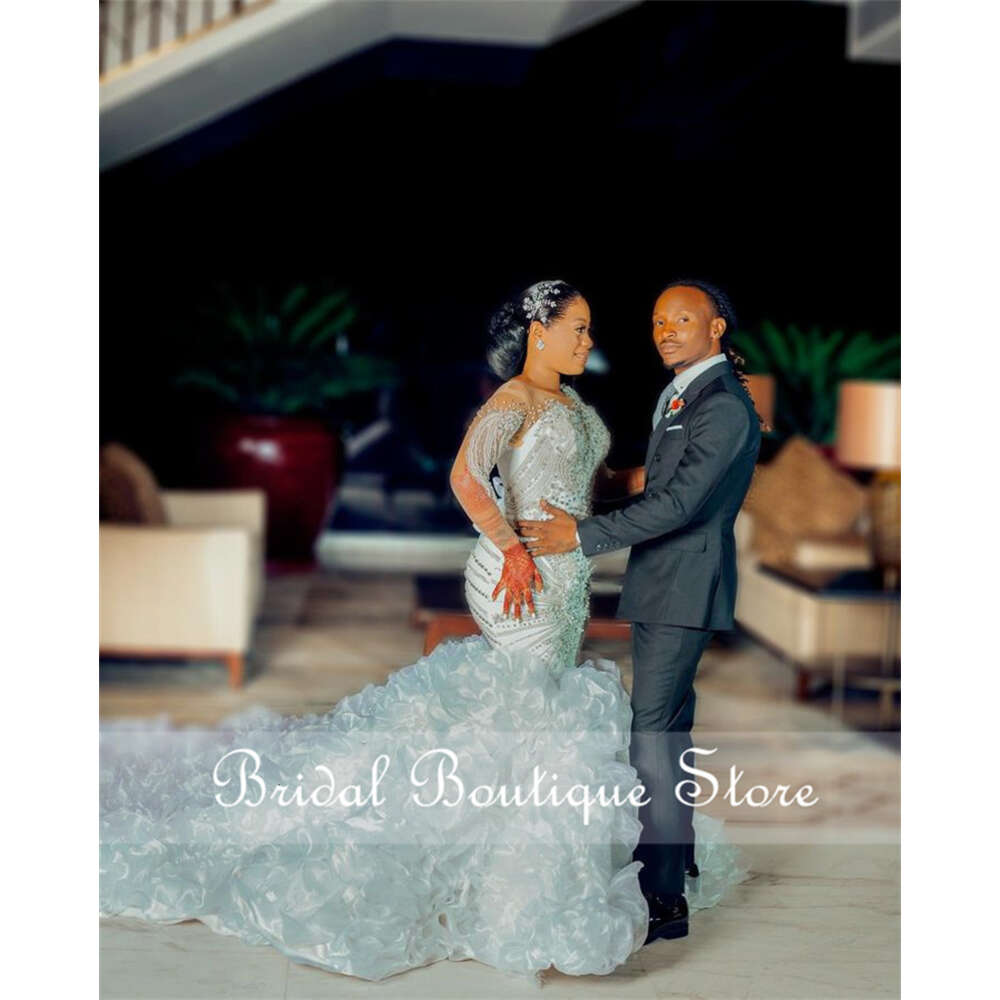 Pearls Mermaid Wedding Dress 2023 With Ruffle Long Sleeves Beading Crystals Sequins Bridal Gown Vestido De Noiva Corset