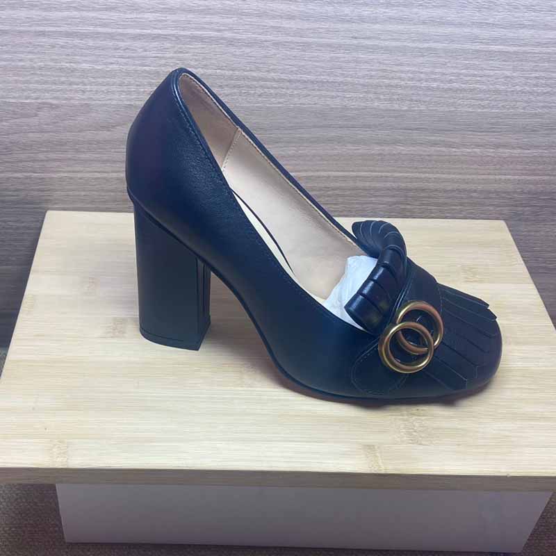 Dress shoes women womens Designer shoes leather Thick heel high heels 10cm 100% cowhide Round head Metal Button high-heeled boat shoe Large size 34-41-42 With box