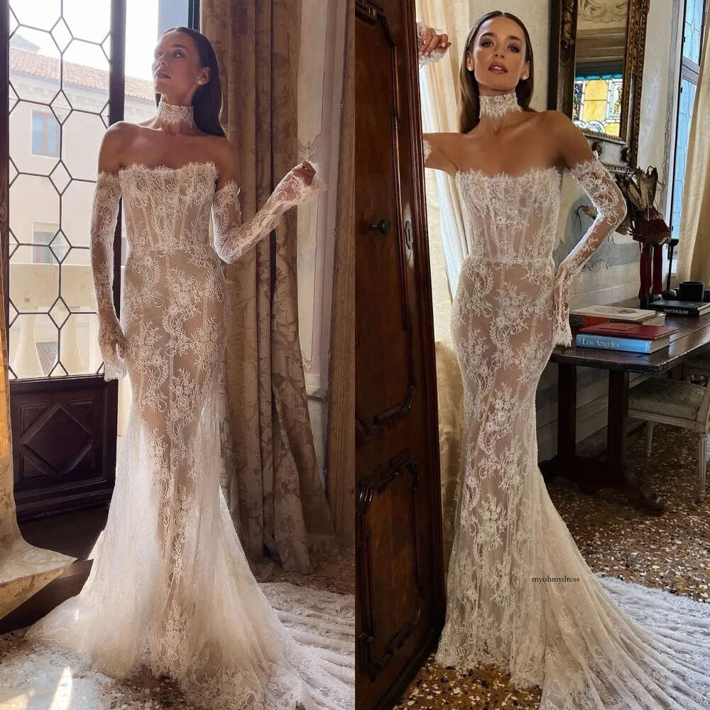 Fashion Mermaid Lace Dresses Ogstuff Strapless Designer Wedding Dress Long Sleeves Illusion Wedding Bridal Gowns Backless 0515