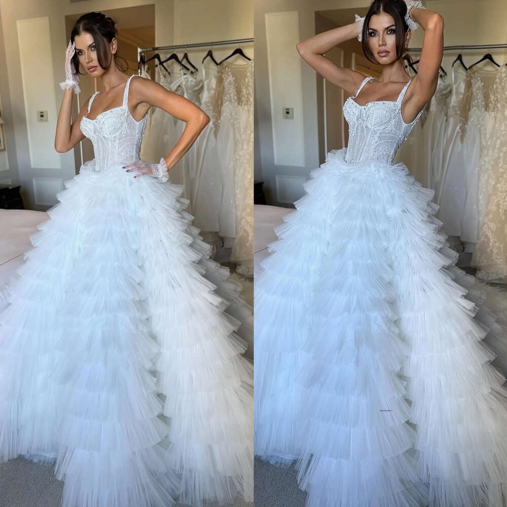 Modern A Line Dress For Bride Beaded Sequins Straps Wedding Dresses Bridal Gowns Vestidos Novia Tiered Skirt Ruched Country Robe De Mariage 0515